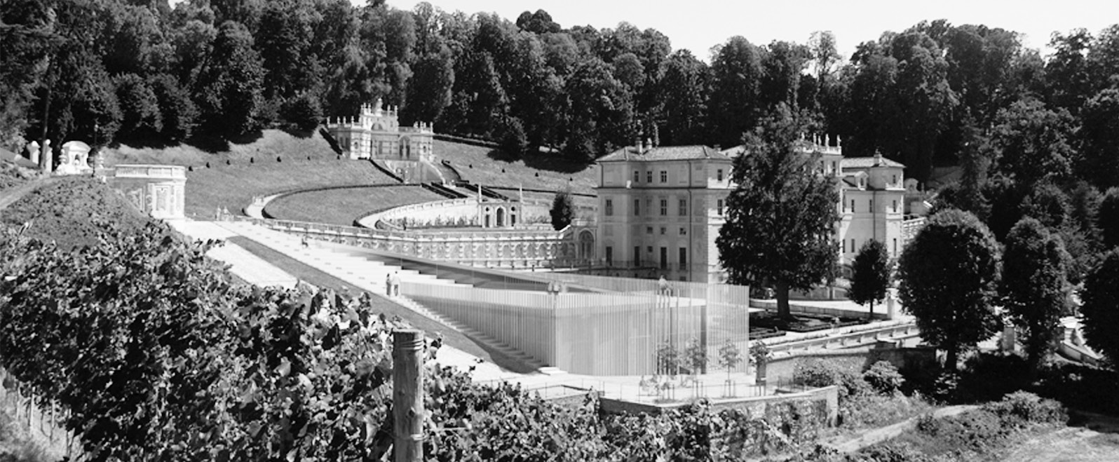 Creazioni di dislivello artificiale (render manica accoglienza Villa della Regina, Concorso)